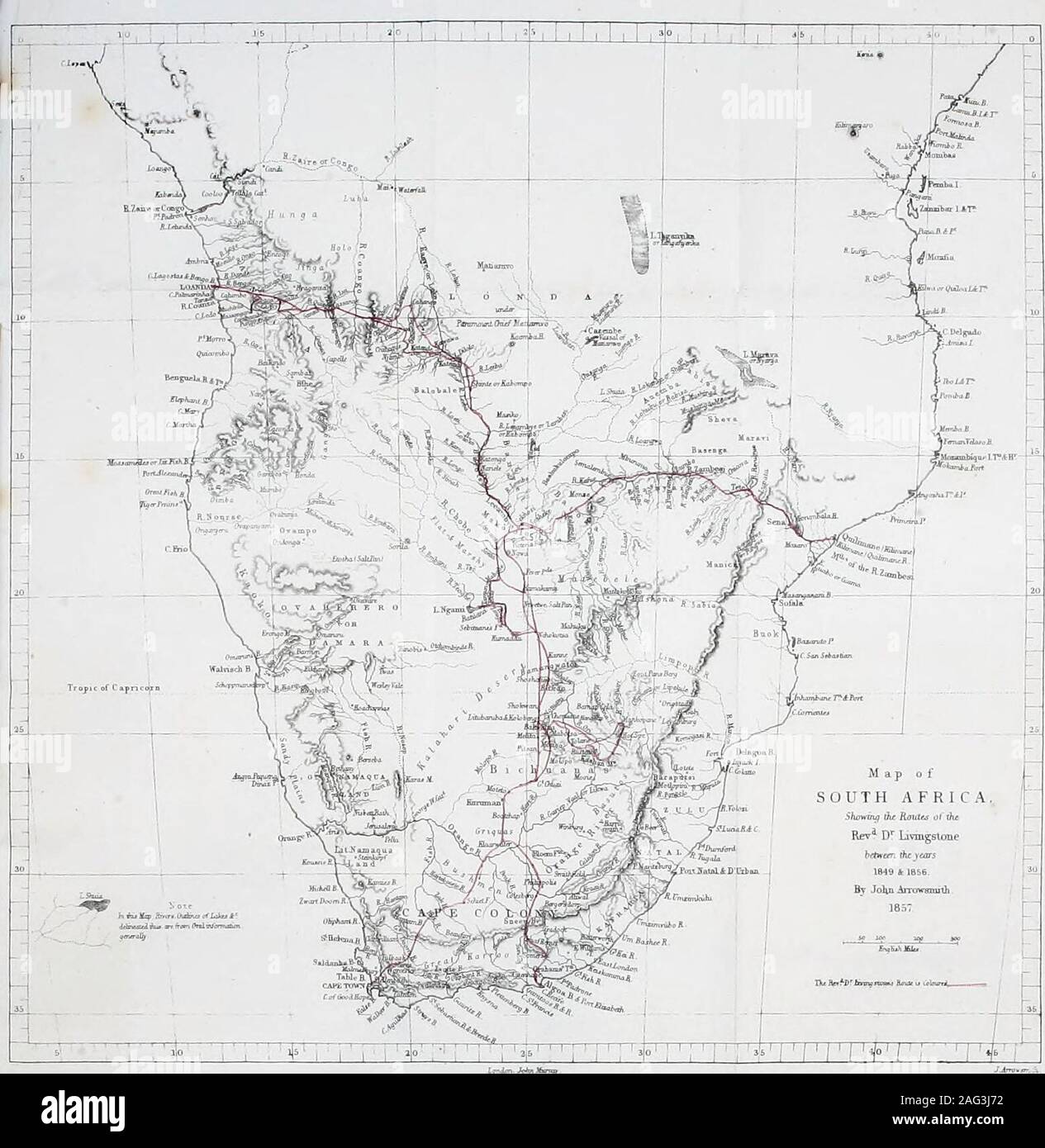 . Missionary travels and researches in South Africa : including a sketch of sixteen years' residence in the interior of Africa, and a journey from the Cape of Good Hope to Loanda, on the west coast, thence across the continent, down the river Zambesi, to the eastern ocean. Map of SOUTH AFRICA, Showing the Raut&s of the. Rev Dr Lrvmgstceoe between the years 1849 & 1856. By Jolyi Arrowsmitb. 1857. Enqlish MilesDu fax?!)?btvtnaztan&s Routt us ioicurtA.. I- L  2H L. Albemarle Street, November 1, 1857. MR. MURRAYSLIST OF RECENT WORKS. A Memoir of the Remarkable Events which attended the Accession t Stock Photo
