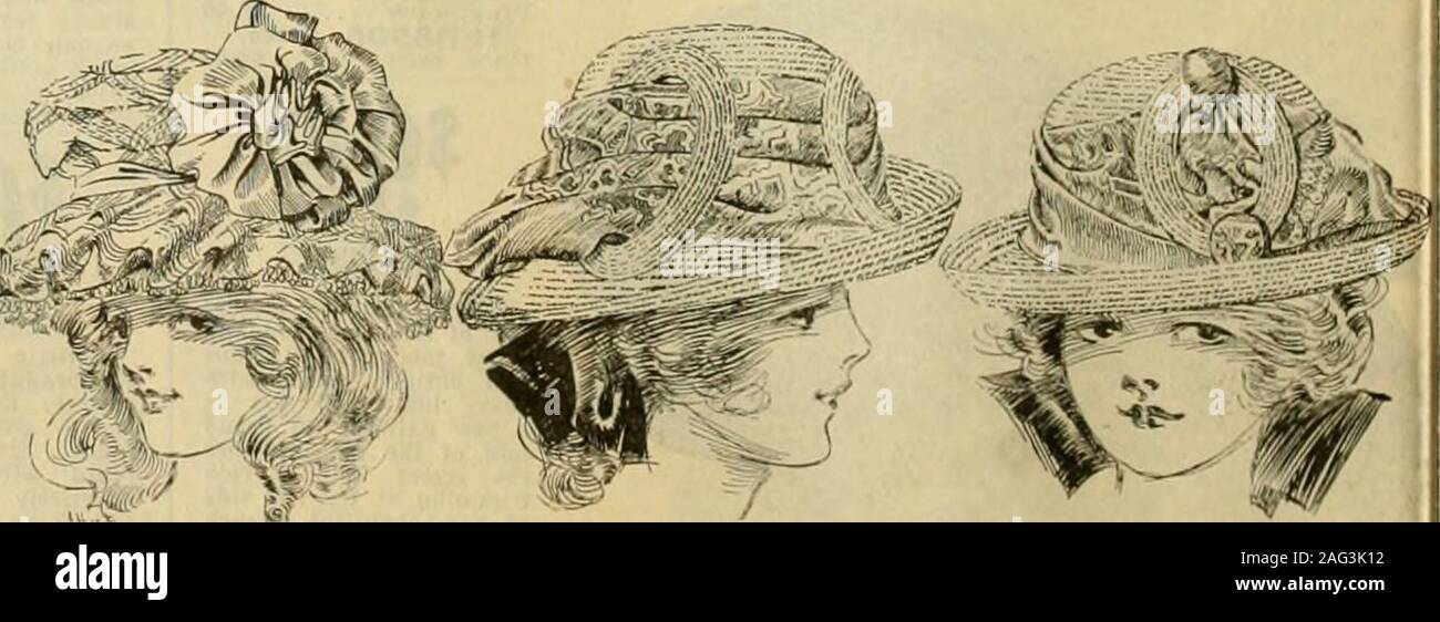 . Catalogue no. 16, spring/summer / R. H. Macy & Co.. Dainty rolling brim sailor of f)ncquality, flexible, Java Panama, thatmay be worn with the brim turneddown in mushroom effect If do-sired. Tastefully trimmed with arichly figured Persian scarf drapedabout tlie crown in soft becomingfolds. Smartly designed: about 17inclies across, white straw only,trimmed with Persian scarfs invarious tones. ^o f /i I 8886 I 6 Price, eacb^^.l? Smart little poke bonnet of fineTuscan straw made entirely byhand, one of the smartest styles forlittle tots, shown this season; be-cniningly faccil with tucker! shirr Stock Photo