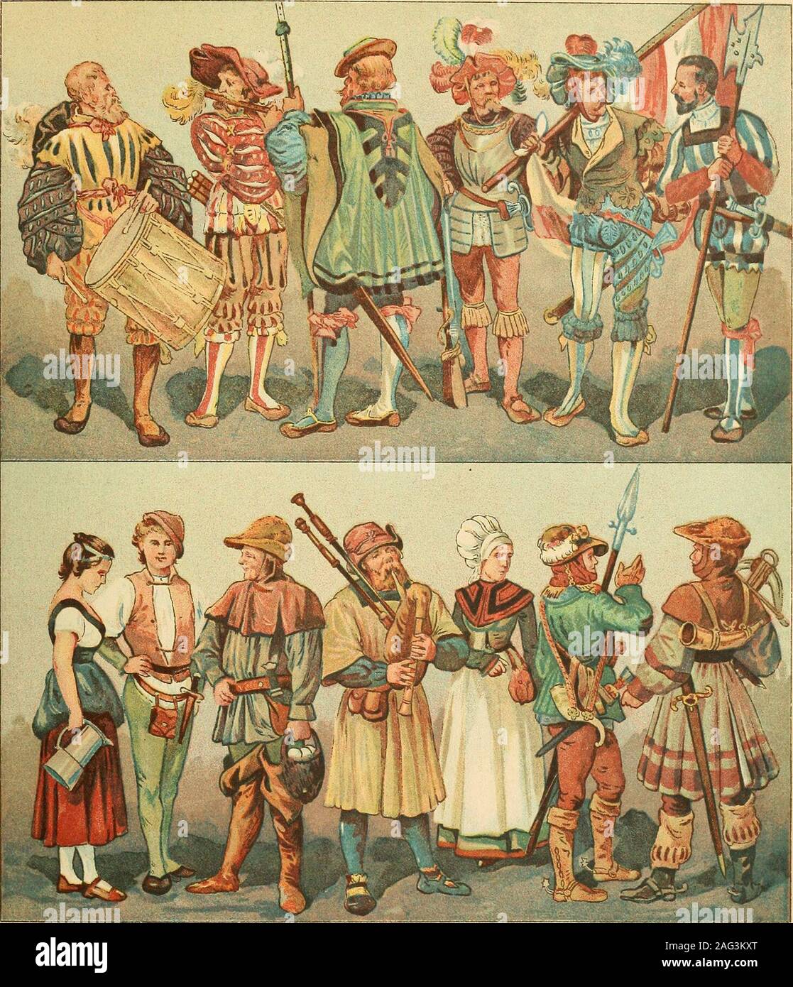 . Geschichte des Kostüms. berschenkel- und Strumpfhosen von verschiedener Farbe, ja vonverschiedenen Formen und Stoffen trug. .Als Kopfbedeckung der Landsknechte diente das Barett, das aber immerluehr an Breite zunahm und mit Schnüren, Schleifen und wallenden Federn ge-schmückt wurde. — Die um 1480 aufgekommenen ,,Entenschnäbel, die an dieStelle der lang zugesphzten Schuhe getreten waren, wurden bald durch Fuß-bekleidungen rnit völlig abgestumpften Spitzen verdrängt, die danach den Namen,,Bärenklauen, Ochsen- und Kuhmäuler erhielten. Die breite orderkappe dieser Fußbekleidung wurde bisweilen Stock Photo