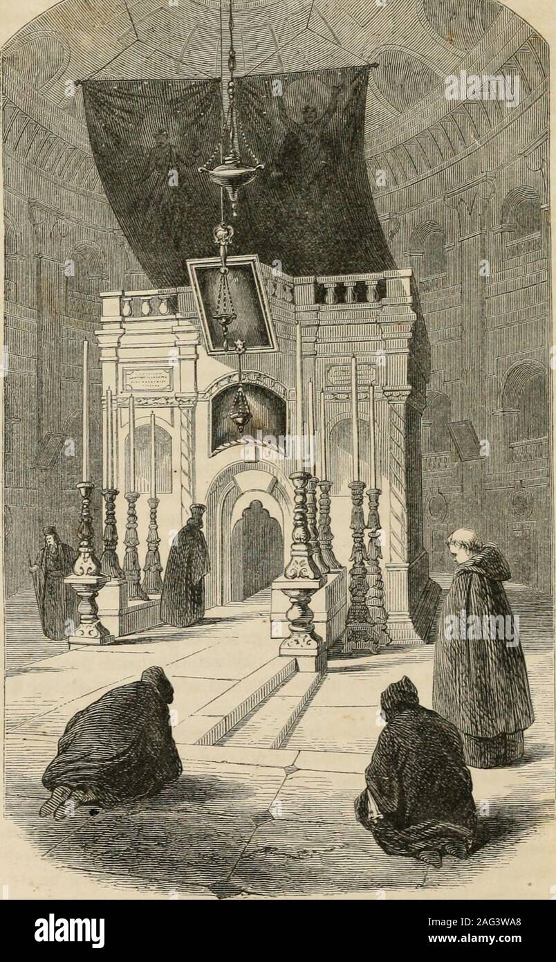 . 'From Dan to Beersheba'; or, The Land of promise as it now appears : including a description of the boundaries, topography, agriculture, antiquities, cities, and present inhabitants of that wonderful land .... 300 feet in lengtheast and west, and of a transept extending north and south180 feet. The ceiling is eighty feet high. Excepting the ro-tunda, the nave contains the magnificent chapel of the Greeks,measuring ninety-eight feet in length and forty in width, Avhichis a church within a church. The walls are of wood, carvedand gilded, reaching to the lofty ceiling above. The entranceis in t Stock Photo