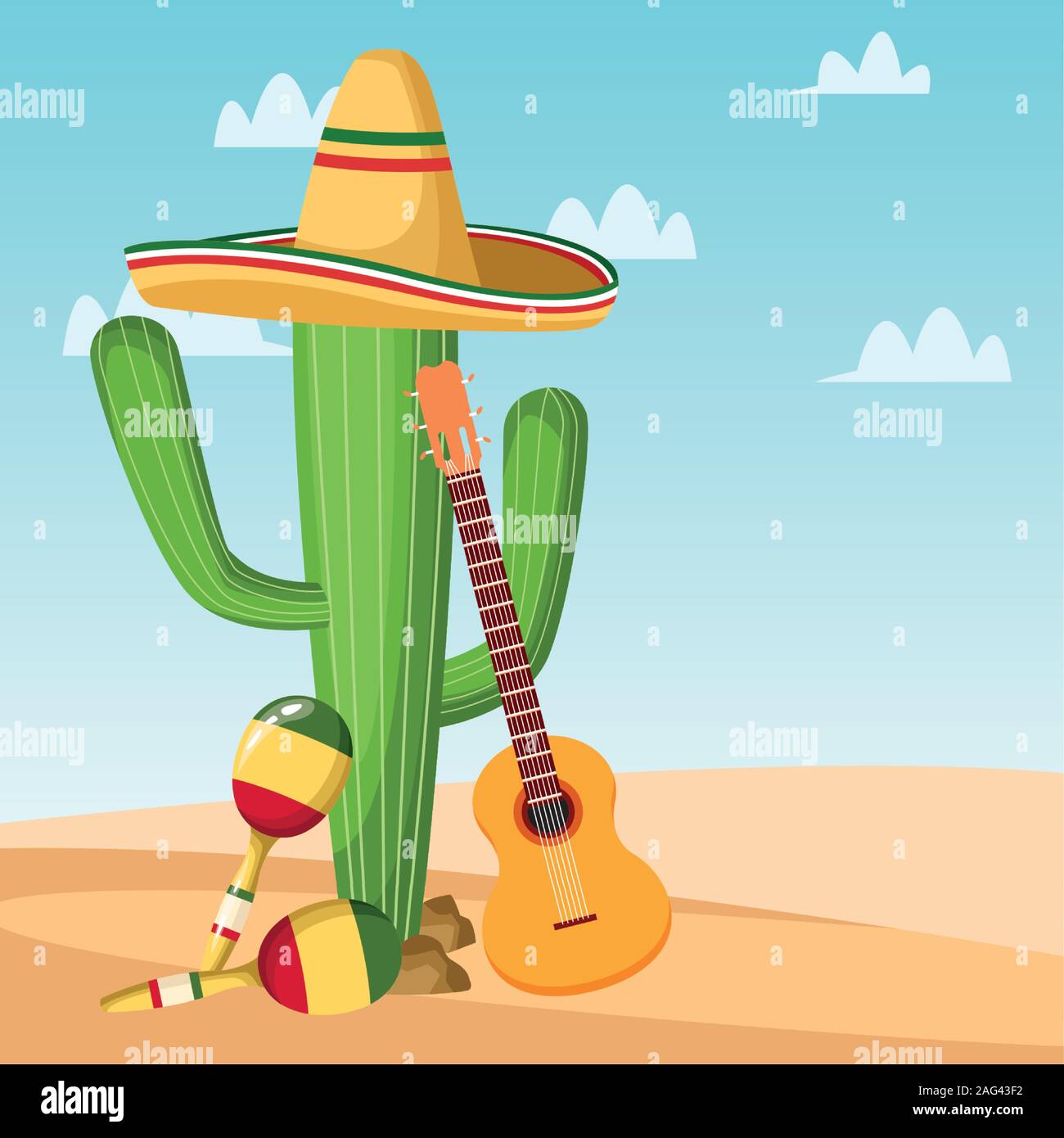 Mexican cactus maracas and guitar vector design Stock Vector Image ...