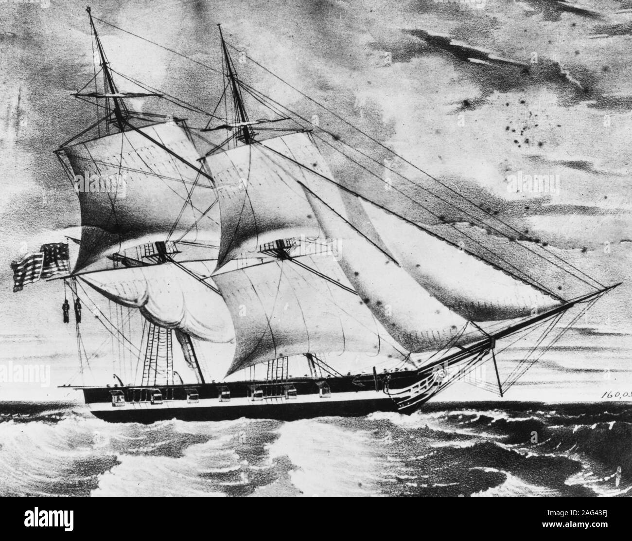 Lithograph, published circa 1843, depicting Somers under sail, bound home from the African coast on 1 December 1842, after the hanging of three alleged mutineers. The men executed were: Midshipman Philip Spencer, Boatswain's Mate Samuel Cromwell and Seaman Elisha Small. The print shows two of them hanging from the yardarm. Stock Photo