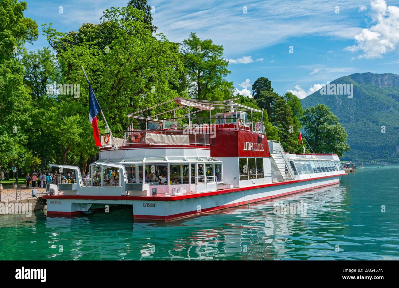 France, Haute-Savoie, Annecy, MS Libellule offers lunch and dinner cruises on Lac d'Annecy Stock Photo