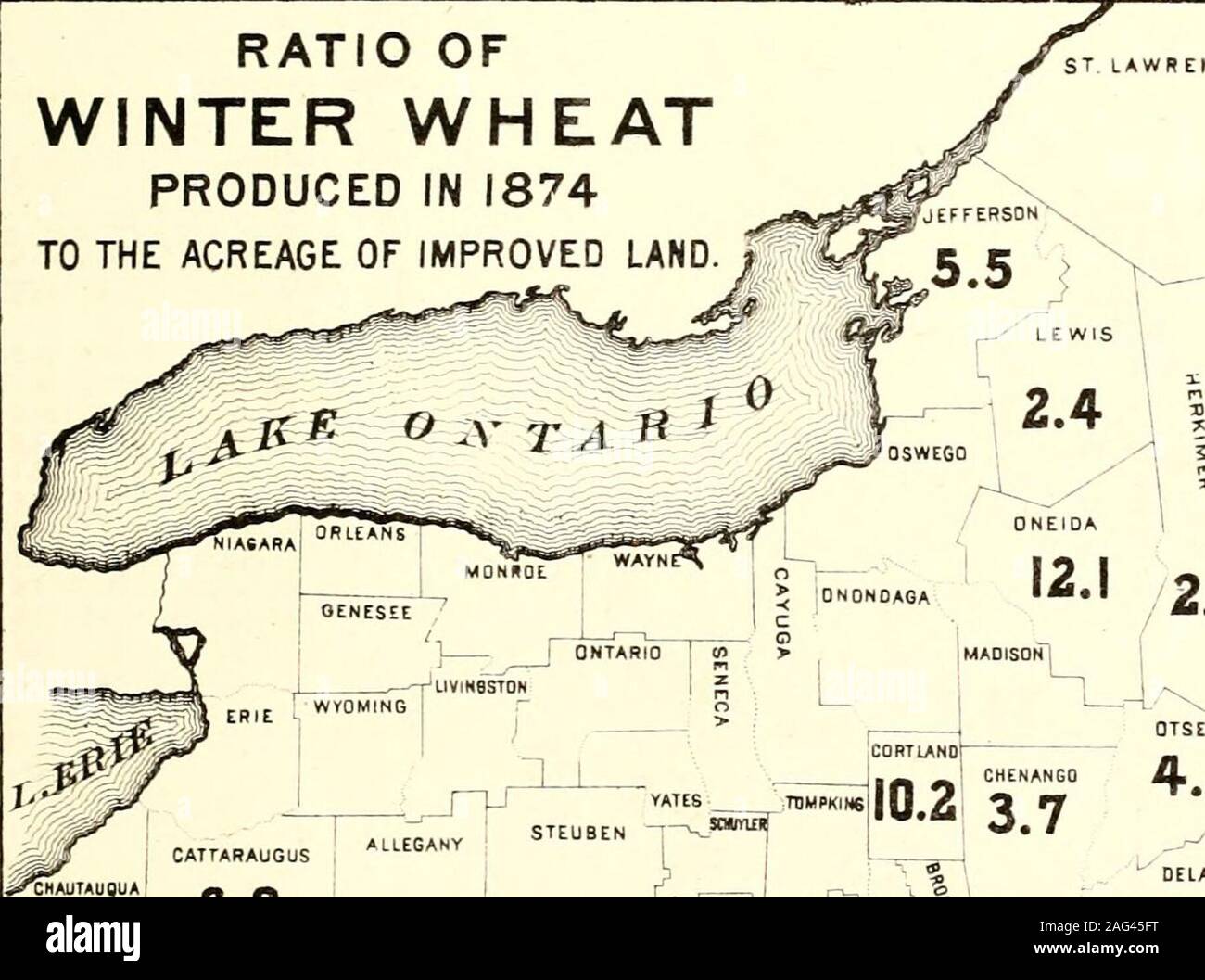 . Census of the state of New York for 1875. RATIO OF WINTER WHEAT PRODUCED IN 1874 TO THE ACREAGE OF IMPROVED LAND. ST LAWRENCE 1 1. Stock Photo