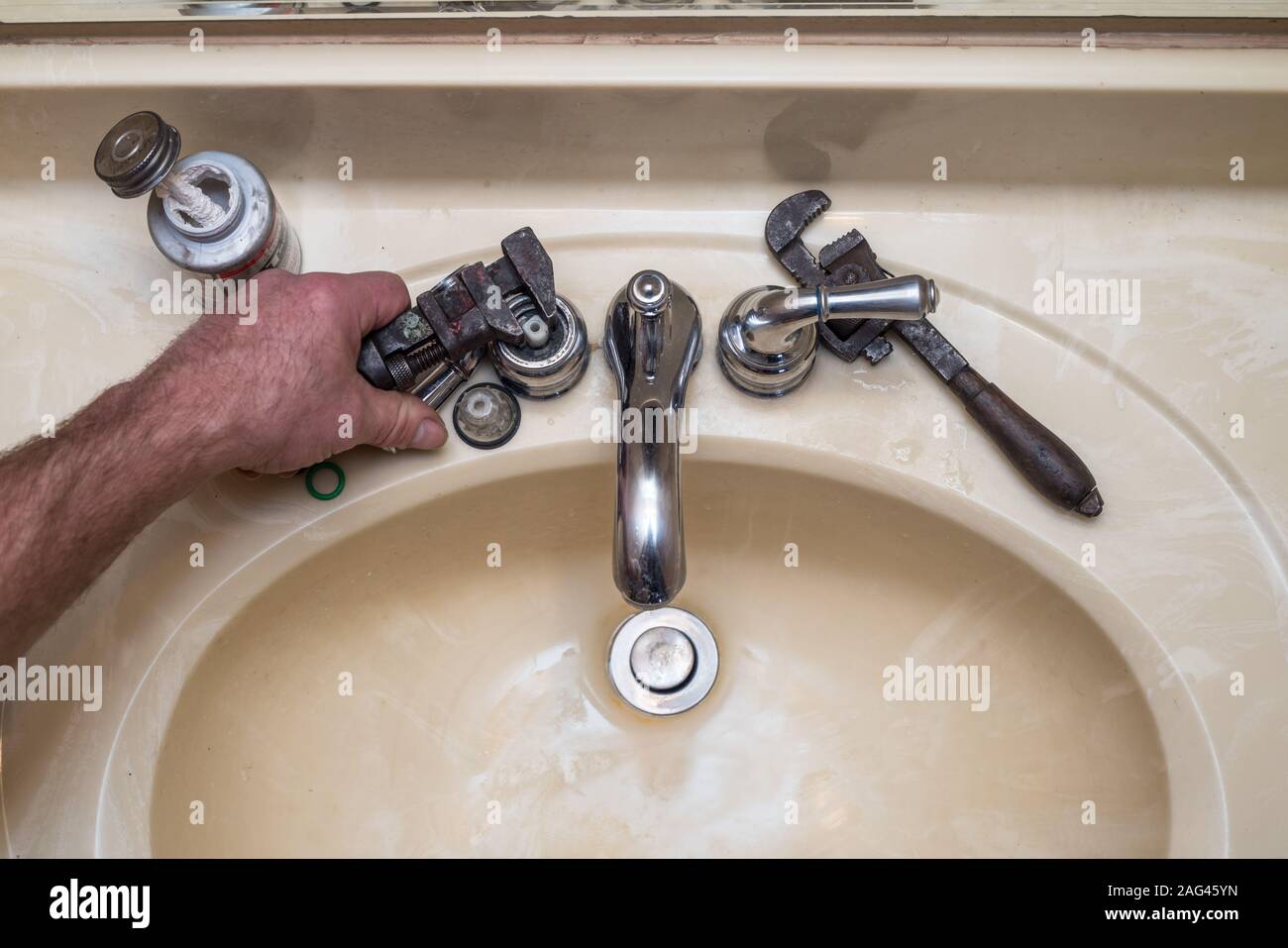 Plumber Fix Sink Drain Pipe Wrench Stock Photos