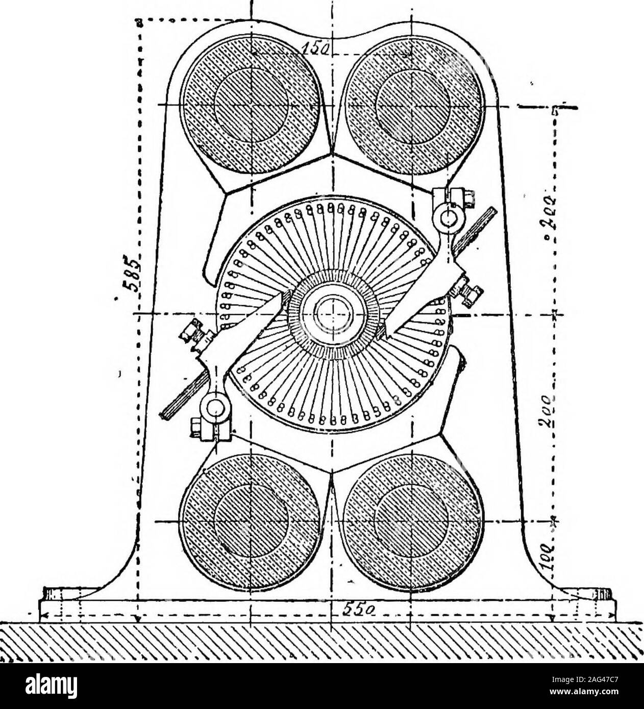 . Electric transmission of power : its present position and advantages. quantity, by winding the ring vdth fine or coarse wire.With equal velocities of the ring the electric tension willbe proportional to the number of convolutions of the wire. THE GRAMME MACHINE. 9 FigB. 6 and 7 represent a Gramme macliine; it consistsof two flanks of cast iron, arranged vertically, and con-nected by four iron bars, serving as cores to electro-magnets. The axle is of steel; its bearings are relativelyvery long. The central ring has two wires wound parallel Fig. 7.. on the soft iron, and connected to two colle Stock Photo
