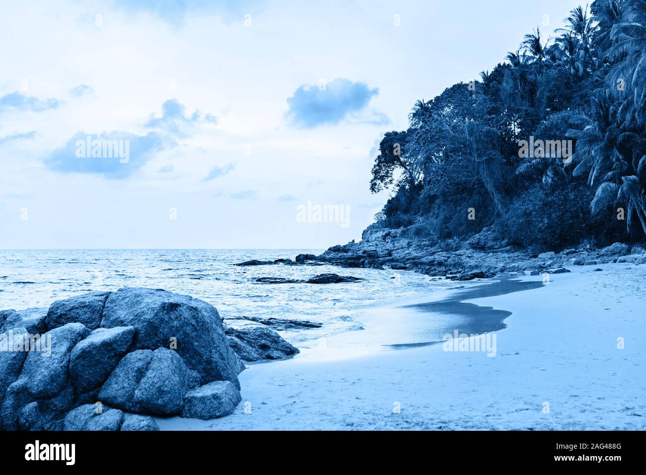Tropical beach coloured in trendy blue color Stock Photo - Alamy