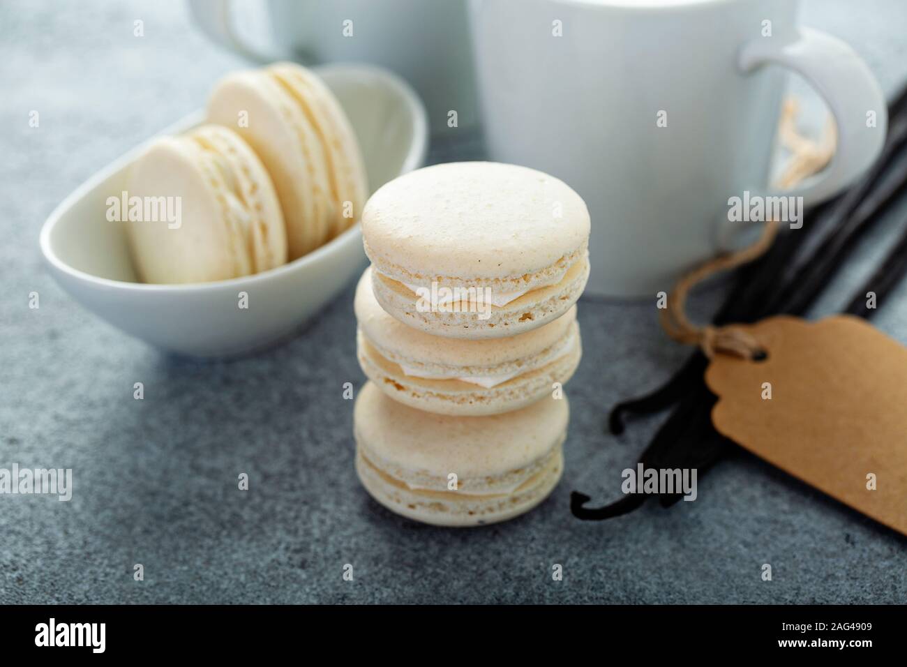 Vanilla macarons stacked Stock Photo