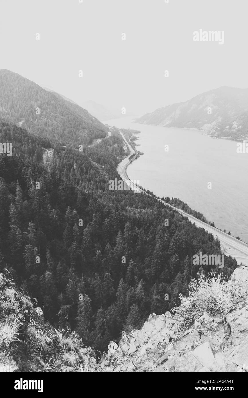 Vertical greyscale high angle shot of forest mountains at the shore of a river Stock Photo