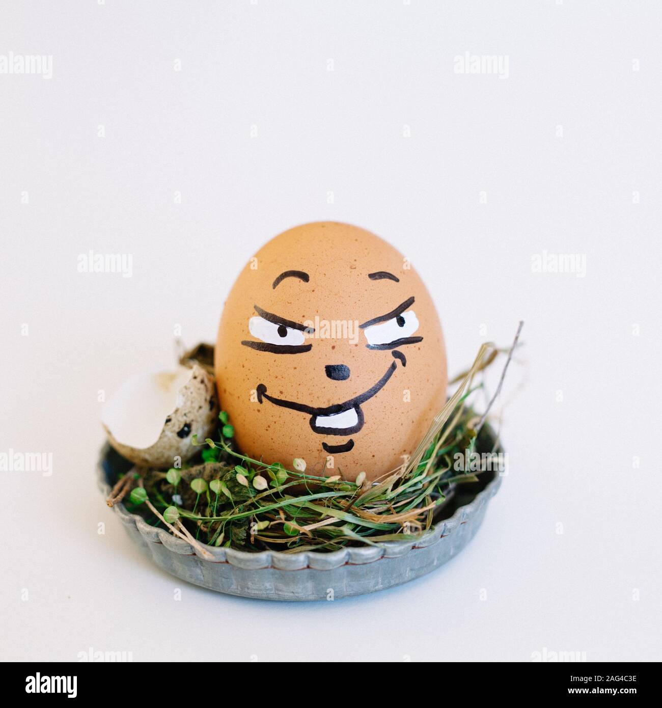 Depiction of a tricky face on an egg in a cute small plate on a white background Stock Photo