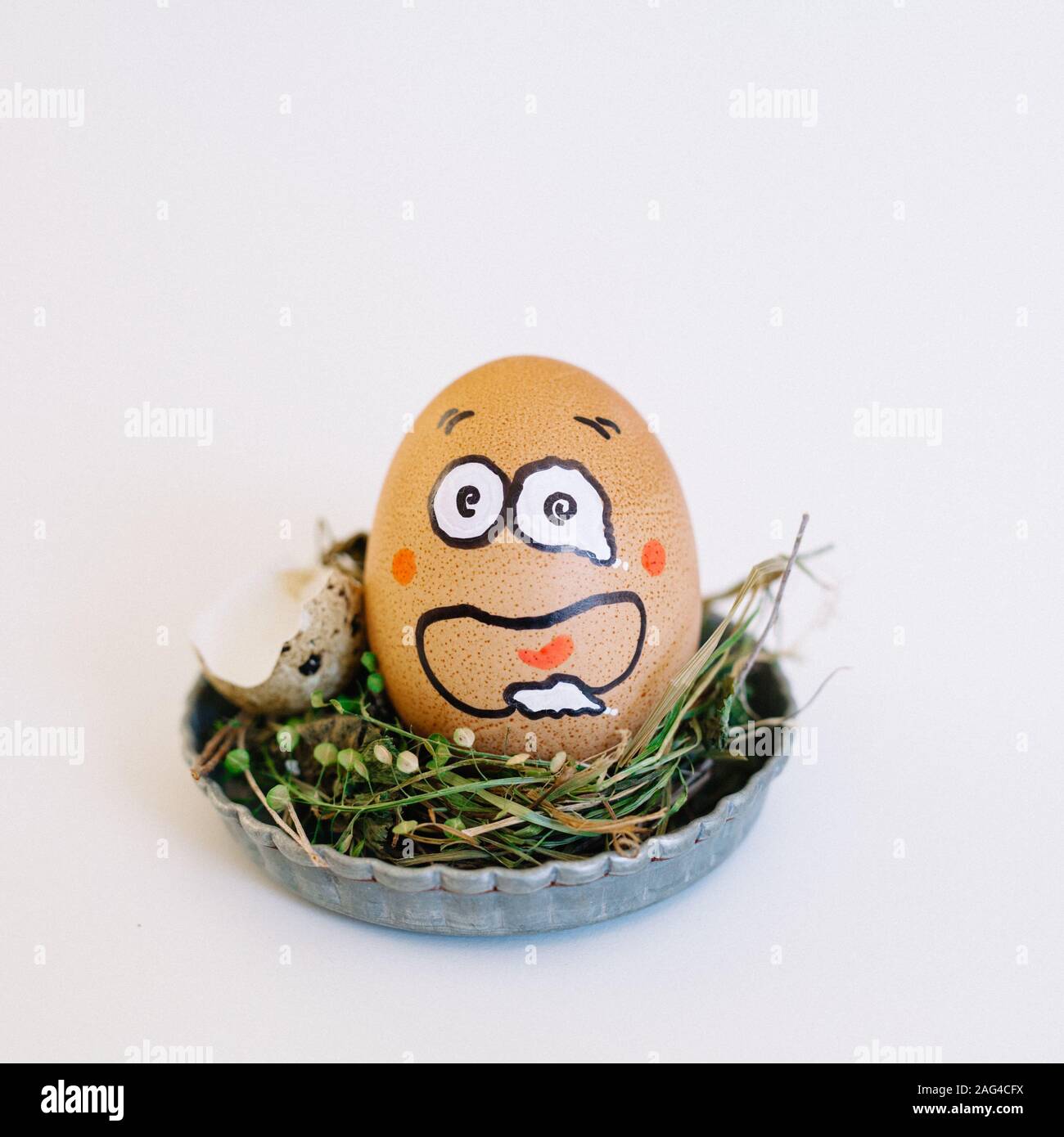 Depiction of a funny face on an egg in a cute small plate on a white ...
