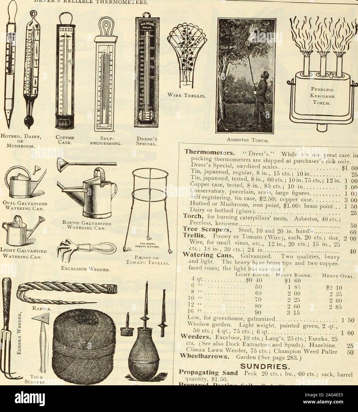 . Dreer's 1913 garden book. DREERS RELIABLE THERMOMETERS.. Dreers. While ve use great care inpacking thermometers are shipped at purchasers risk only I »reei s Special, oxydized scales $1 00 Tin, japanned, regular, 8 in., 15 cts.; 10 in 05 J, japanned, tested, 8 in., 60cts.; lOin. 7.&gt; cts.; 12in. 1 Copper case, tested, 8 in., 85 cts.; 10 in ) Conservatory, porcelain, scale, large figures. 1 Sell registering, tin case, $2.50; copper case.! 3 Hotbed or Mushroom, iron point, $1.00; brass point 1 1 Jairy or hotbed (glass) Torch, for burning caterpillars nests. Asbestos, 40cts.;i eerless, kerose Stock Photo