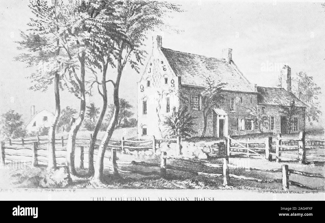 . The stone house of Gowanus, scene of the battle of Long Island. ed was re-covered. Back of the Stone House ascended thewooded hill; trees edged the roadway, a stonewall and a fence enclosed the garden, and themeadow stretched before to the creek. Tothe left could be seen the waters of GowanusBay, widening to the distant Bay of New York.Across the creek, the land rose to hills, extend-ing northeasterly as far as the eye could see,grassy and in places tree-topped—the penin-sula of Brooklyn Heights. Before the house, across the road, therebubbled a spring of clear water. This spring,no doubt, d Stock Photo