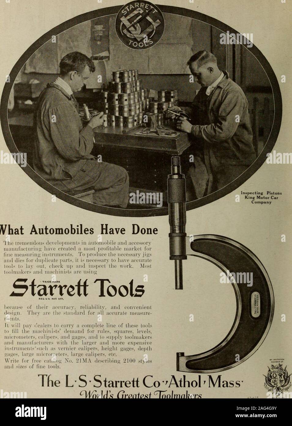. Hardware merchandising March-June 1917. A. C. PENN, Incorporated K«l Lafayette Street Retail Price $1.50 HARDWARE AND METAL. Inspecting Pistons King Motor Car Company What Automobiles Have Done The tremendous developments in automobile and accessorymanufacturing have created a most profitable market forfine measuring instruments. To produce the necessary jigs and dies for duplicate parts, it is necessary to have accuratetools to lay out, check up and inspect the work. Mosttoolmakers and machinists are using J^^^T A TRADEMARK A A ^^^T* A irtarrctt Tools RtC. US. PAT Off. because of their accu Stock Photo