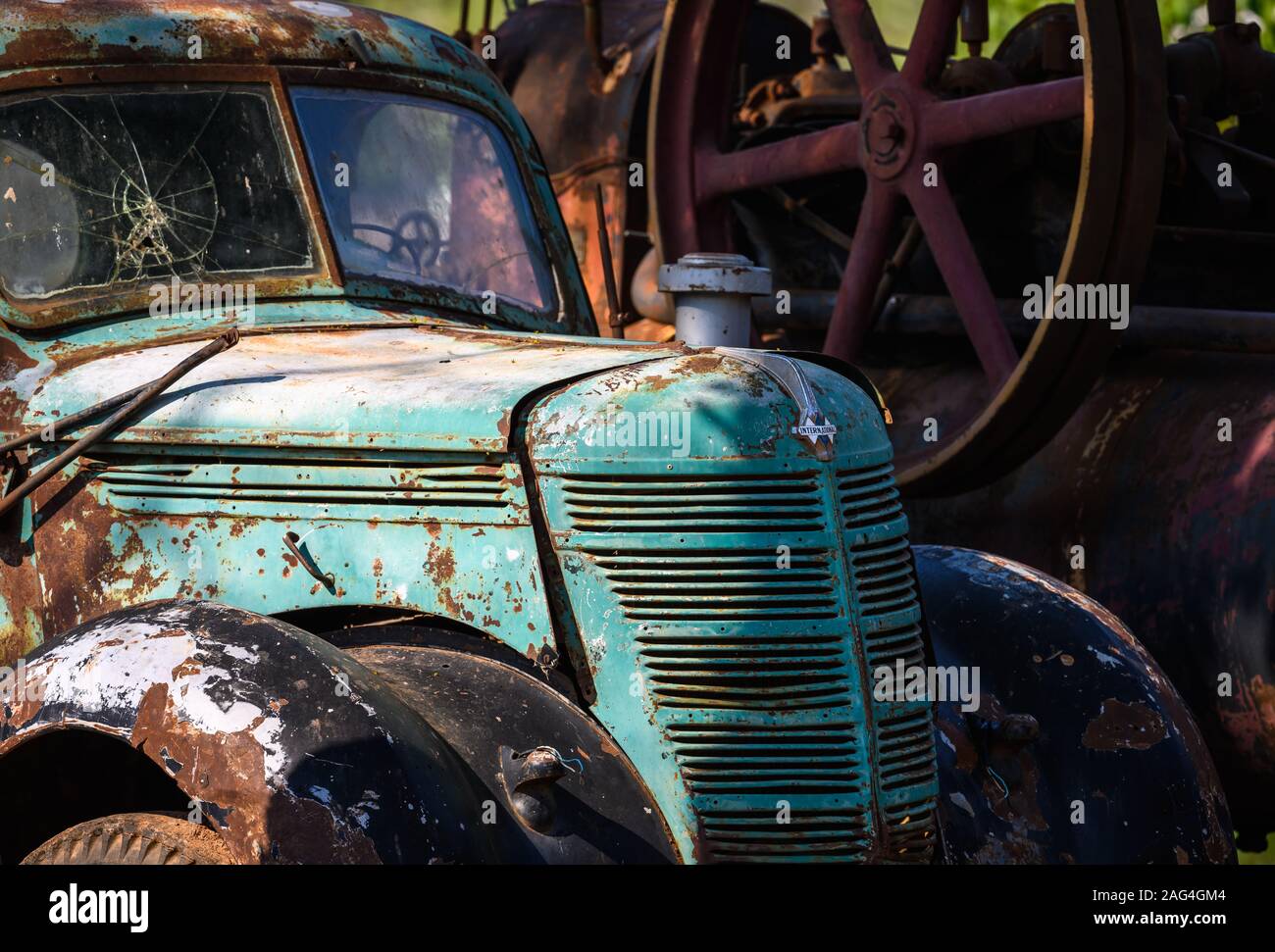 Front of an old rusty International Harvester pickup truck. Tocantins, Brazil. Stock Photo