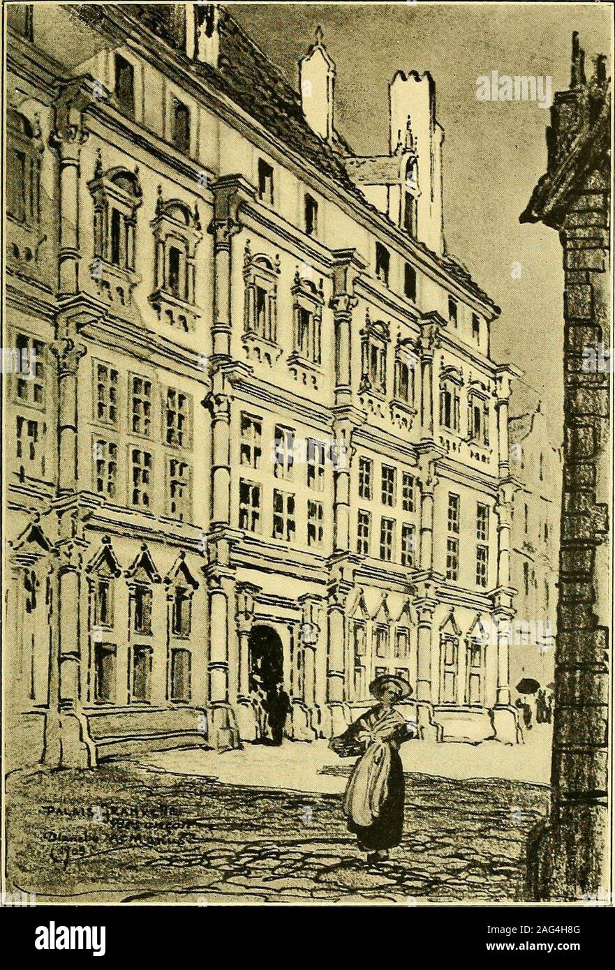 . Castles and chateaux of old Burgundy and the border provinces. t, but the city gates, piercing thefortification walls, were built also by Vaubanbetween 1668-1711, and are by no means asancient as they look. The Palais Granvelle, of the sixteenth cen-tury, has a fine dignified monumental aspectwholly impressive regardless of its lack ofmagnitude and the absence of a strict regardfor the architectural orders. Liberties havebeen taken here and there with its outlineswhich place it beyond the pale of a thoroughlyconsistent structure, but for all that it undeni-ably pleases the eye, and more. And Stock Photo