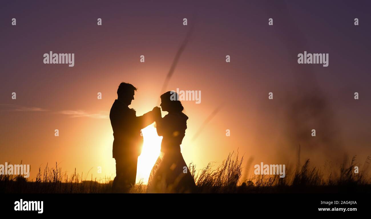 Silhouette of a bride and the groom standing in a dry grassy field with ...