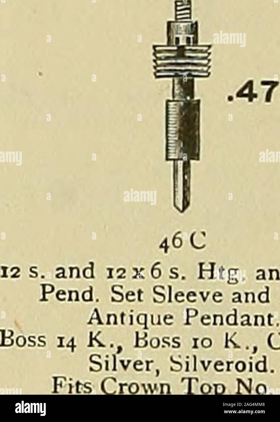 . 20th century catalogue of supplies for watchmakers, jewelers and kindred trades. Complete S3 00 per doz. Sle : bar separately 1.50 12x6 s. Htg. and O F., Pend. Set Sleeve and Bar. Round Pendant, non-pull-out bow. Boss 14 K., Boss 10 K., Cyclone, Silver. Fits Crown Top No. 6. Complete ^3 00 per doz, Sleeveor bar separately, 1.50 ?? 43 C I2x6s, Htg, and O, F., Pend. Set Sleeve and Bar, Round Pendant, Boss 14 K,, Boss 10 K,. Cyclone, Silver, Silveroid Fits Crown Top No, 6, Complete, $3,00 per doz. Sleeve or bar separately, :,50 The Twentieth Century Catalogue of Supplies KEYSTONE WATCH-CASE MAT Stock Photo