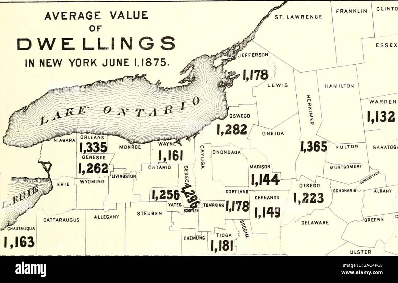 . Census of the state of New York for 1875. AVERAGE VALUE OF DWE LLINGS IN NEW YORK JUNE 1.1875.. FRANKLIN Stock Photo