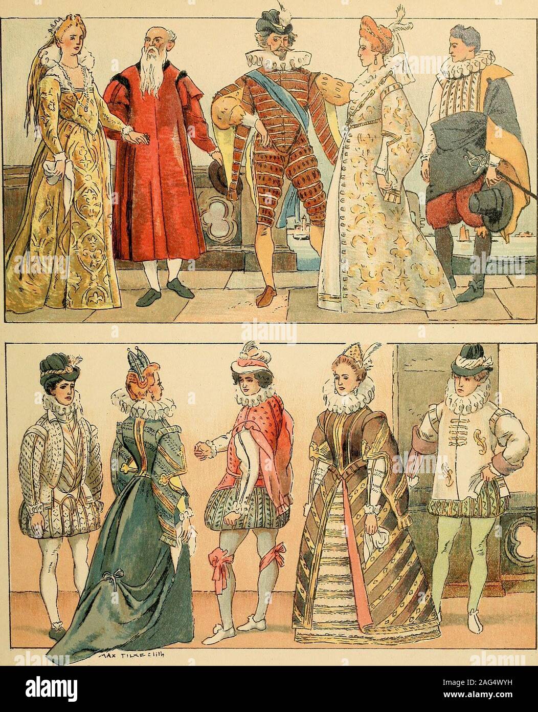 . Geschichte des Kostüms. 1600—1750 SUISSE GEDRUCKT UND VERLEGT BEI ERNST WASMUTH A.-G., BERLIN Ml ITALIEN VENEDIG UND MAILAND VORNEHME KOSTÜME DES BEGINNENDEN17. JAHRHUNDERTS 6 7 8 9 10 In dem selbststolzen Venedig behauptete die Damentracht ihre Überlieferungengegenüber der spanischen Mode, welche die Herrenwelt mit ergriff, soweit nichtamtliche und ältere Respektspersonen ebenfalls in ihrem Herkommen verblieben.So erhielt sich auch Venedig die flächige Entlahung der seidenen Damaste undanderer luxuriöser Stoffe. Auch in Mailand blieb die Damentfacht konservativer. Fig. J. Venezianische Dame Stock Photo