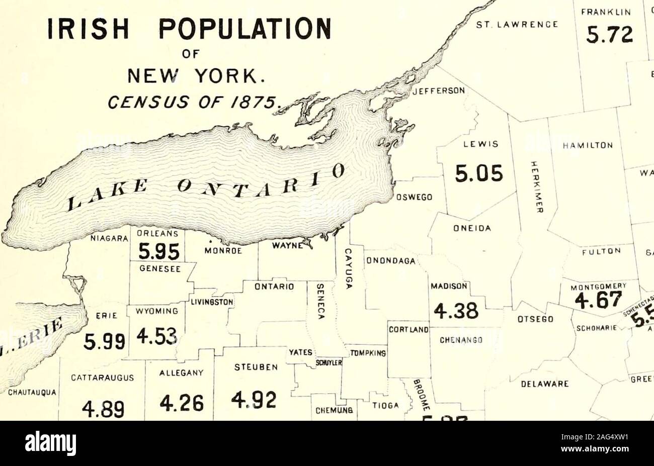 . Census of the state of New York for 1875. IRISH POPULATION OF NEW YORK.CENSUS OF 1875. FRANKLIN i CLINTON A ( (^ 5.72 4.74!§ ESSEX ^^^ Counties. V- - ^  T WARBEtJ I I Erie,i Orleans,Broome,Franklin,Schenectady,Sullivan,Lewis,Steuben,Cattaraugus,Clinton,I Montgomery,WASKiN6T0Ni Suffolk, ; Wyoming, I Madison, fulton! SARATOGA Allegany. 1 PerCt, 31 5,99 32 5,95 33 5.87 • 34 5.72 35 5.51 36 5.26 37 5.05 38 4.92 39 4.89 40 4,74 I 41 4.67 i ^2 4.59 ! 43 4.53 1 44 4 38 1 45 4.26 1 RENSSELAER; OTSEGO ( Vj. :  SCH0HARIE . -i ALBANY / / - —7COLur^BIA / 4.89 426 I 4.92 L L . ^  TIOGA i ^ - I i  5. Stock Photo