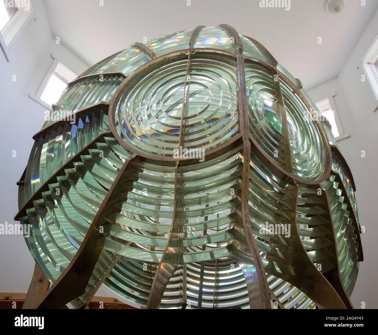 Detail of the 1910 Rock of Ages Lighthouse 2nd order fresnel lens was used on Lake Superior now on display at the Windigo Vistor Center on Isle Royale Stock Photo