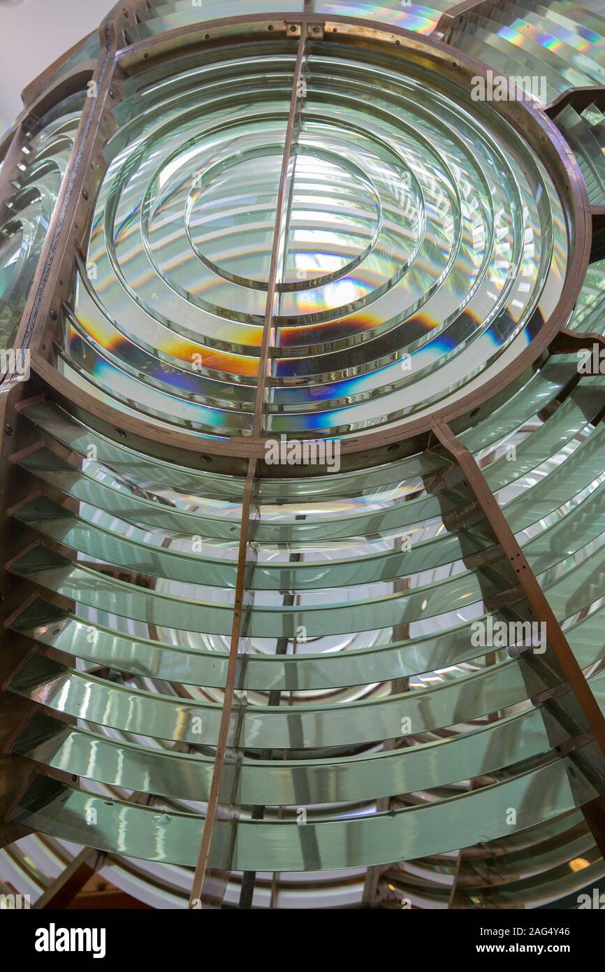 Detail of the 1910 Rock of Ages Lighthouse 2nd order fresnel lens was used on Lake Superior now on display at the Windigo Vistor Center on Isle Royale Stock Photo