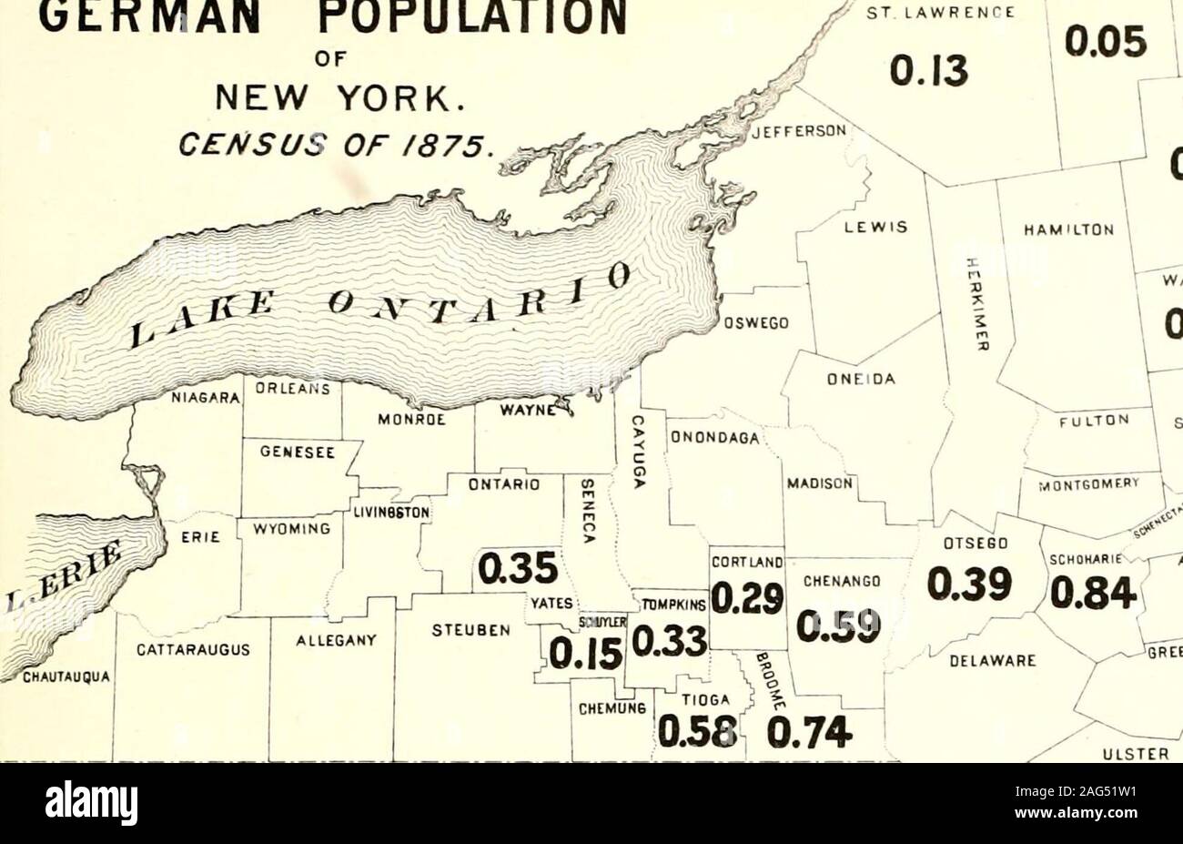 . Census of the state of New York for 1875. GERMAN POPULATION OF NEW YORK. 1- vFKANKLIN CLINTON C Uf STLAWRENCE ^V. 0.05 ,0.29 I pi Co.n.,es. ^ j (4 , Schoharie,VJ B oome, 0.48 ff :?r° Essex,Otsego,I Yates,! Tompkins,I Washington,! Cortland,j Clinton, Schtiyler,St. Lawrence,Franklin. a32 PerCl. tS 46 0.84 47 0.74 48 0.59 49 0.58 50 0.4S 51 0.39 52 0.35 53 0 33 54 0.32 55 0 29 5b 0.29 57 0.19 58 0.15 59 0.13 60 0.05 CHENANGO CORTIAND YATES- ^iTtMPKINslO.ZSl ^. f^ STEUBCN T:^^^/* OOI 1 0*59 Stock Photo