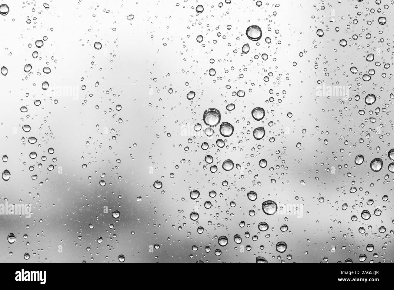 Water drops on glass window white background after the rain in the autumn fall. Stock Photo