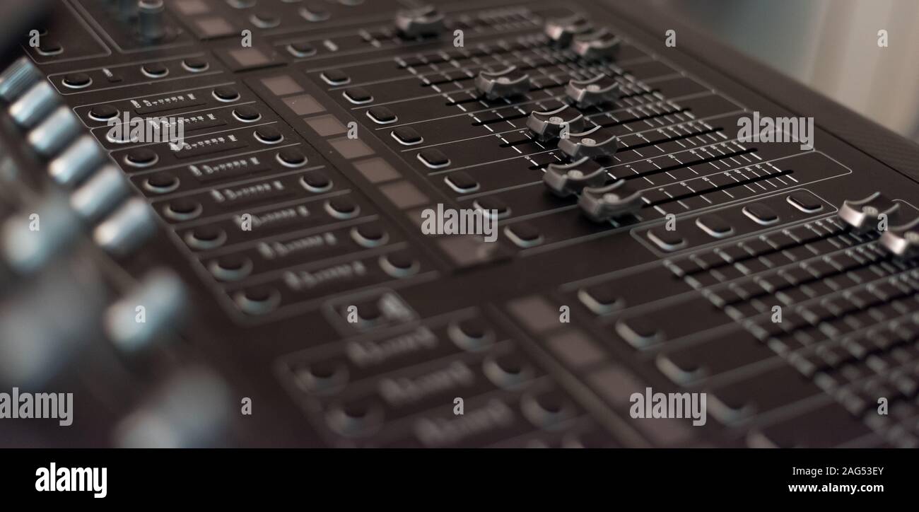Audio sound mixer console. Audio mixer, music equipment. broadcasting ...