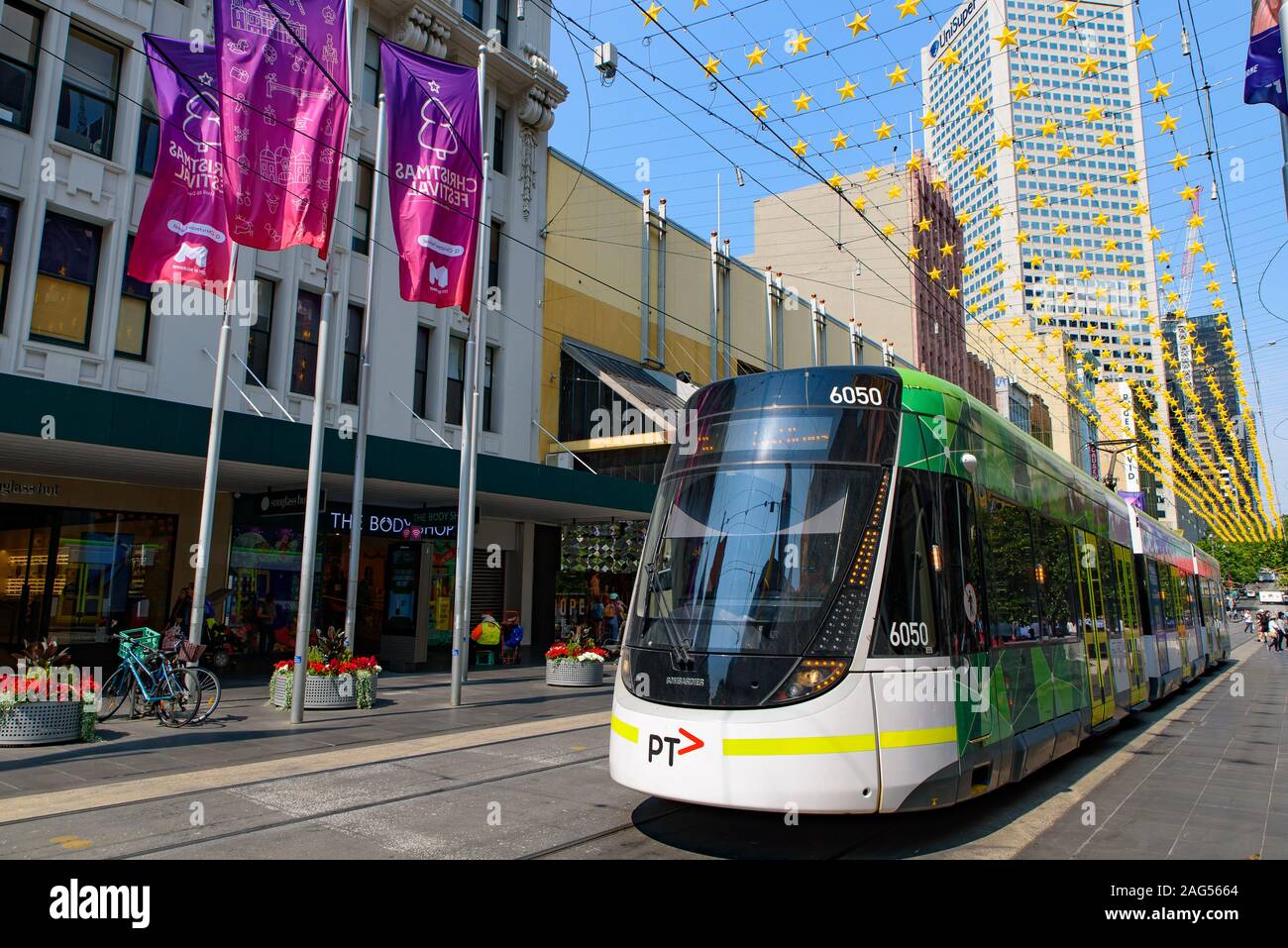 Tram running on the street in Melbourne city center, Australia Stock Photo