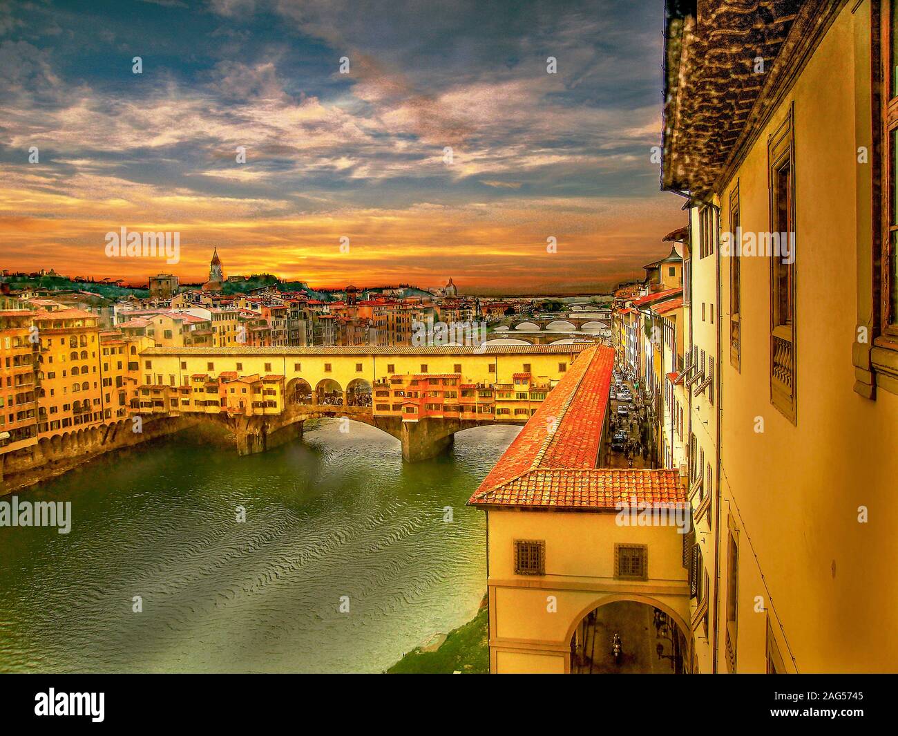 Beautiful view of the Florance city and a bridge over the Arno river under  a cloudy sky Stock Photo - Alamy