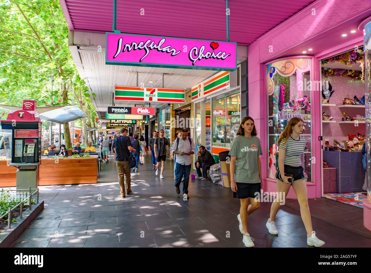 People walking on Swanston Street, a main street in Melbourne CBD, Australia Stock Photo