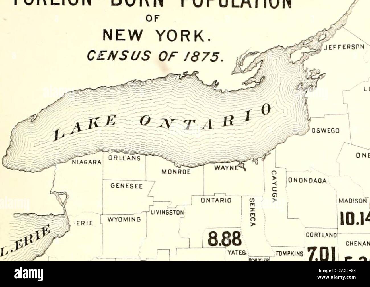 . Census of the state of New York for 1875. Counties. J PerCt, St. Lawrence, 16 19.02 Genesee, 17 18.06 Essex, 18 17.86 Chautauqua, 19 17.71 Schenectady, 20 17.69 Lewis, 21 17,25 Orleans, 22 16.95 Ontario, 23 16.69 Wayne, 24 16,07 Dutchess, 25 16.06 Orange, 26 15,75 Putnam, 27 15.72 Oswego, 28 15.61 Cayuga, 29 15.53 Saratoga, 30 15.35 .S^ ^CMAUlAugUA 17.71 MAP No.2 FOREIGN-BORN POPULATION OF NEW YORK.CENSUS OF 1875. /; FRANKLIN ^ CLINTON iO O (-^STLAWRENCE .  .-/,&gt; A All Stock Photo