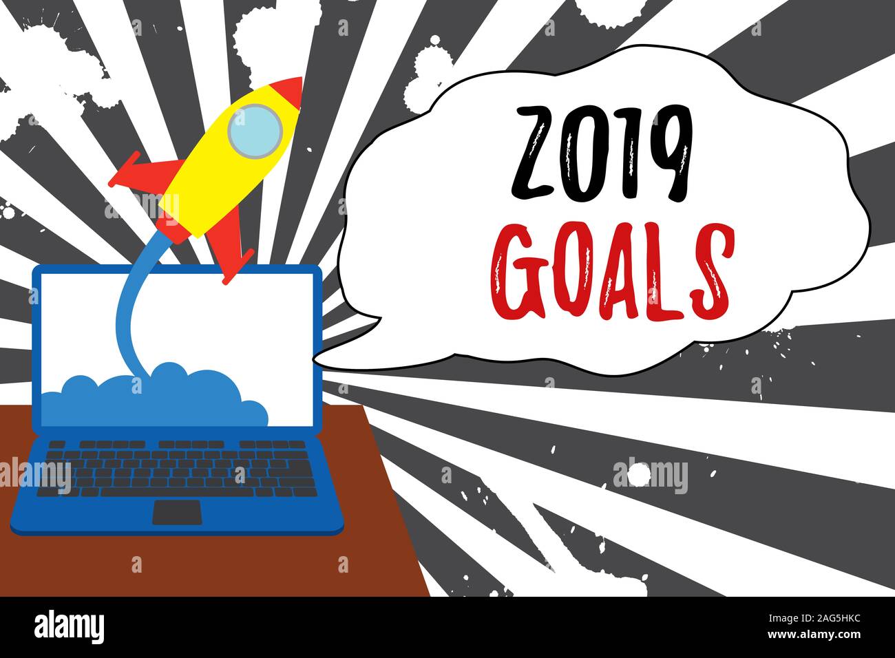 Conceptual hand writing showing 2019 Goals. Concept meaning something that you are trying to do or achieve for this year Successful rocket launching l Stock Photo