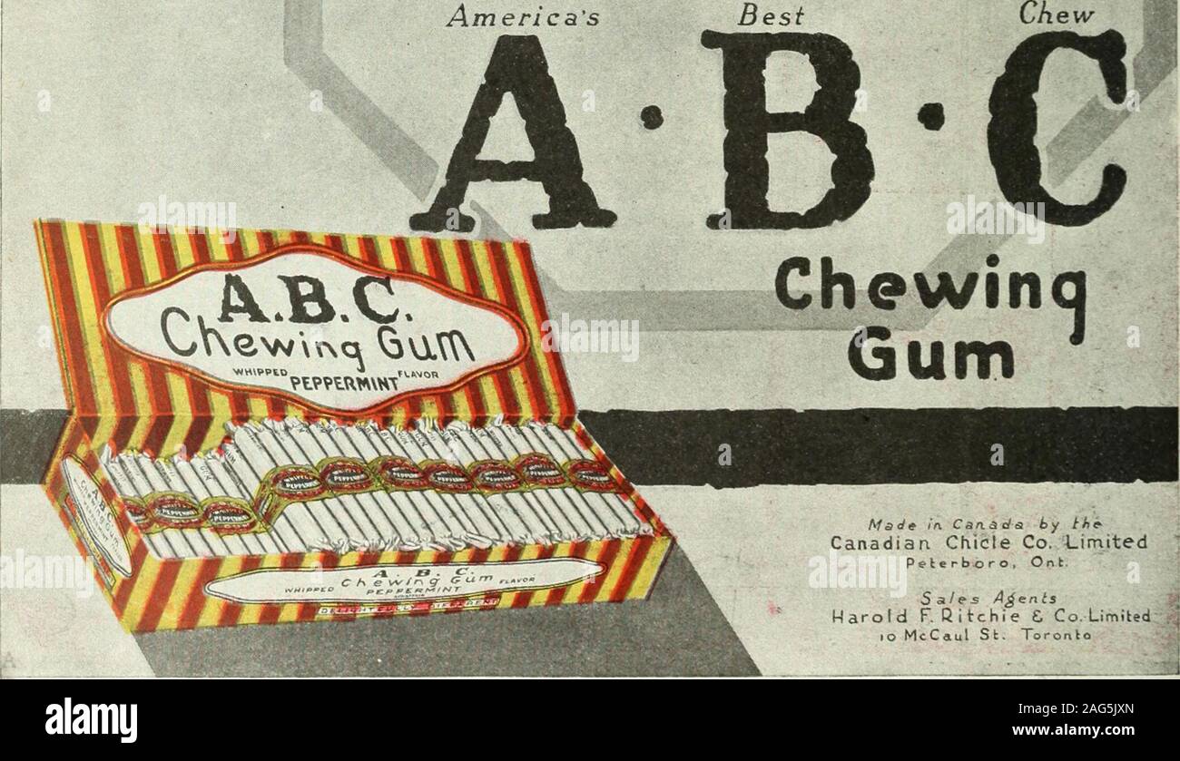 . Canadian grocer January-March 1919. The Novel A. B. C. counter box makes a strikingdisplay to gain first attention, the distinctive shapeof A.B.C. impresses the customers memory. But,chief of all, in assuring repeat sales, is Quality.A. B. C. is the smoothest gum made, because itis strained, then steel-rolled — and its flavor,appearance and delicate perfume invite discrim-inating trade.. Made in. Canada ty the Canadian Chicle Co. Limited Pett rbo r o . On t. Sales AgentsHarold F. Qitchie & Co. Limited , 10 McCaul St. Toronto February 28, 1919 CANADIAN GROCER Stock Photo
