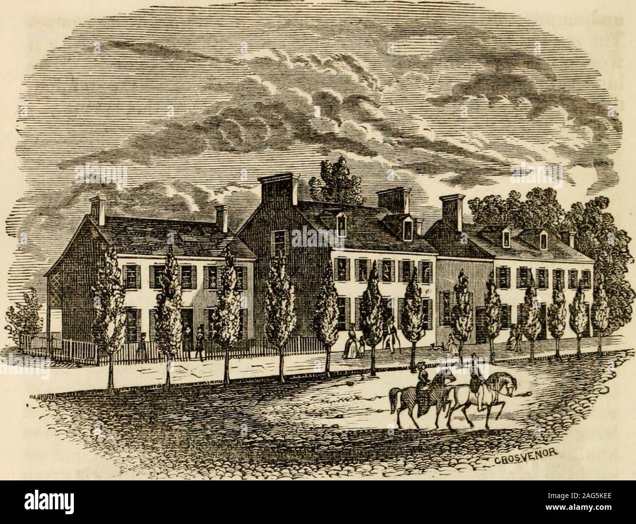 . Historical sketches of Kentucky : embracing its history, antiquities, and natural curiosities, geographical, statistical, and geological descriptions. ^ by forty feet—spacious halls for library,philosophical rooms, cabinets, museum, laboratory, &c. 3. Pauld-ing Hall, appropriated to the use of candidates for the ministry.It contains, besides chapel and dining-room, apartments for a stew-ards family and thirty-two students. 4, Rittcnhouse Academy^ *niis building does not appear hi the engraving.. FEMALE COLLEGIATE INSTITUTE, GEORGETOWN, KY. Stock Photo