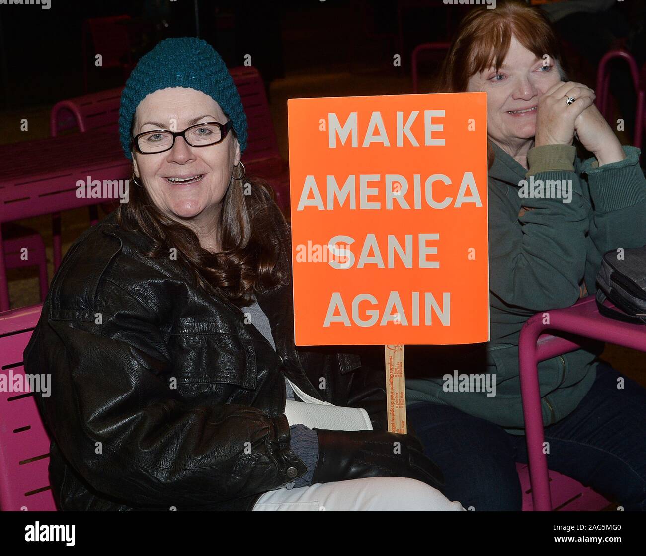 Los Angeles, California, USA. 18th Dec, 2019. Hundreds rally to call for the impeachment and removal of President Donald Trump from office at Grand Park adjacent to City Hall on Tuesday, December 17, 2019 in Los Angelesore the House of Representatives votes on two articles of impeachment against Trump, alleging he abused the power of his office and obstructed Congress. to the Republican-dominated Senate for a trial. Credit: UPI/Alamy Live News Stock Photo