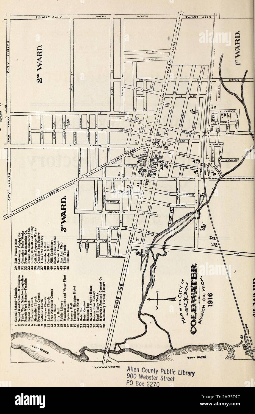 . Coldwater, Michigan pictorial city directory and year book. COLDWATER, MICHIGAN Pictorial City Directory f Ye&gt;e*r Book JANUARY, 1919 W. C. BAILEY, PUBLISHER. H. L. SLOMAN S. W. GRUNER Sloman & Gruner LEADINGCLOTHIERS TRUNKS BAGS SUIT  CASESHATS   CAPSFURNISHINGS Exclusive Agents for pi 1/ D ?•?/»/&gt; O f ^Made-to-Measure Suits from CQ. V • Y lICC 0. We guarantee everything we sell to beas represented, and We MAKE GOOD SLOMAN & GRUNER, LEADING CLOTHIERS The Store That Knows What You Want AND HAS IT24 West Chicago Street Phone No. 301coldwatermichiga00unse 0 Stock Photo