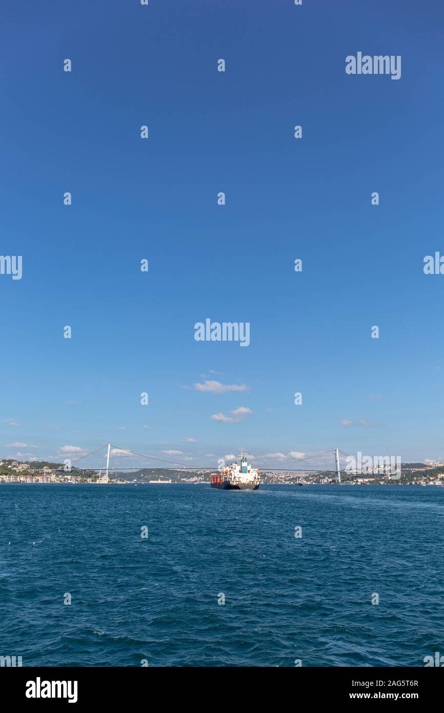 Freighter going from Istanbul Bosphorus to Black Sea. Stock Photo