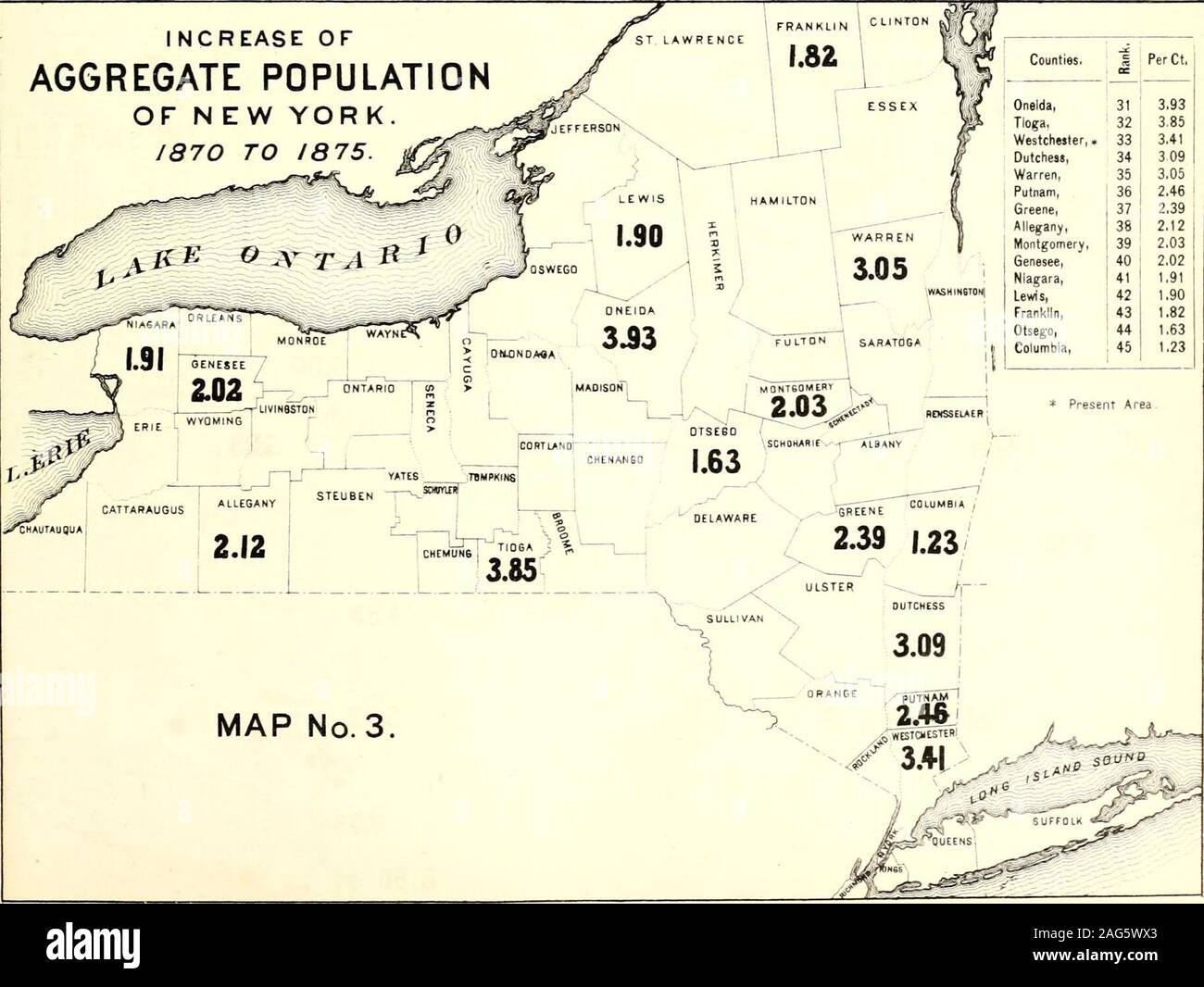 . Census of the state of New York for 1875. INCREASE OF AGGREGATE POPULATION OF N EW YORK1870 TO 1875.  ^ Counties. & PerCt, Oneida, 31 3,93 Tioga. 32 3,85 Westchester,. 33 3.41 Dutchess, 34 3 09 Warren, 35 3.05 Putnam, 36 2.46 Greene, 37 2.39 Allegany, 38 2.12 Montgomery, 39 2,03 Senesee, 40 2.02 Niagara, 41 1.91 Lewis, 42 t.90 Frani&lt;lln, 43 1.82 Otsego, 44 1.63 Columbia, 45 1.23. ^ MapB. INCREASE OK NATIVE POPULATION OF NEW YORK. 1870 to 1875. INCREASE OF NATIVE POPULATION OF New YORK1870 TO 1875. 7^ / ST LAWRtNCi: 1 FRANKLIN Stock Photo