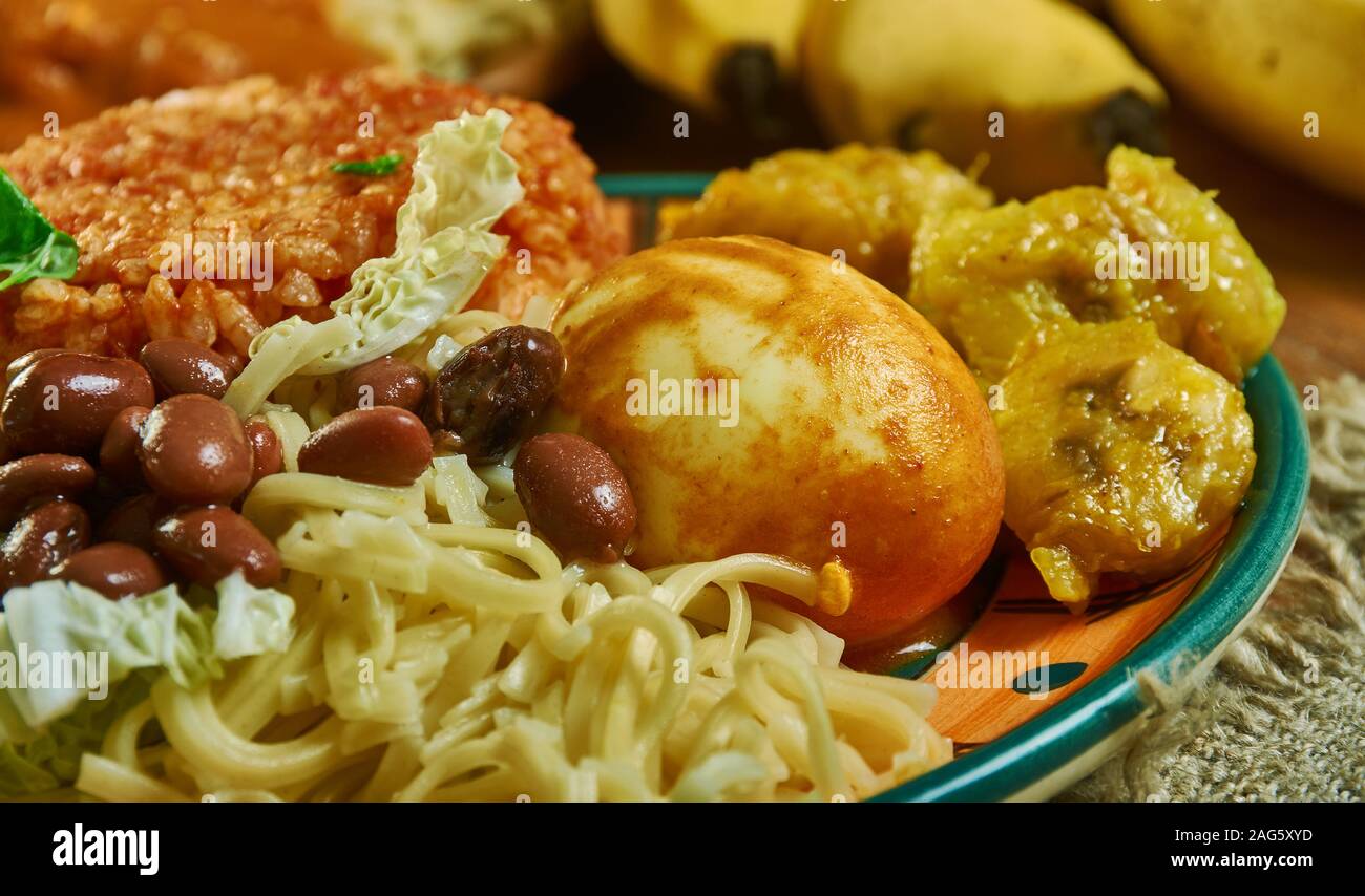 Waakye, Ghanaian cuisine, cooked rice and beans, mixed with boiled eggs, stewed meat