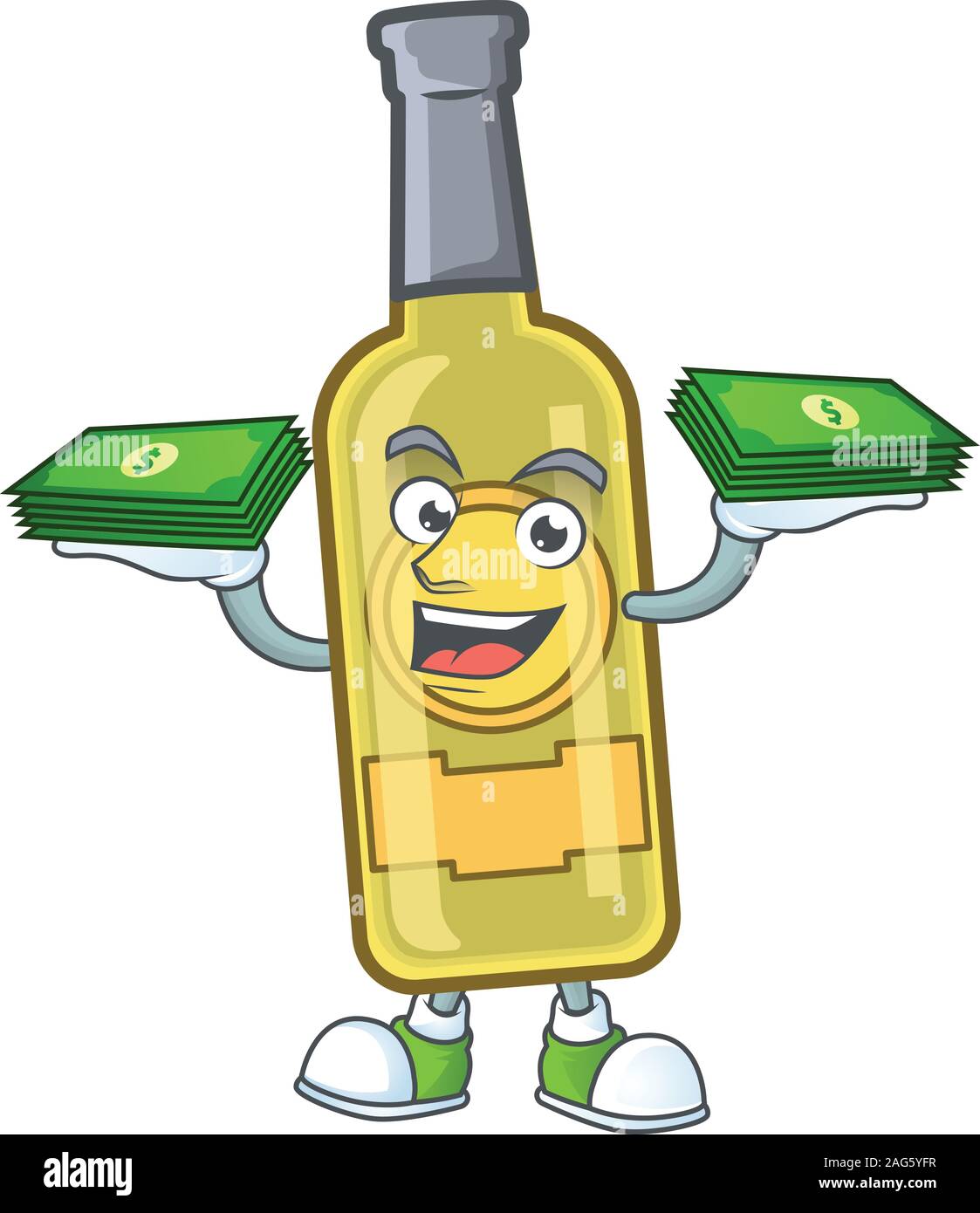 Happy face champagne yellow bottle character with money on hand Stock Vector