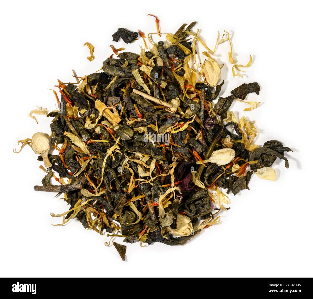 Green tea with aromatic additives. Top view on white background Stock ...