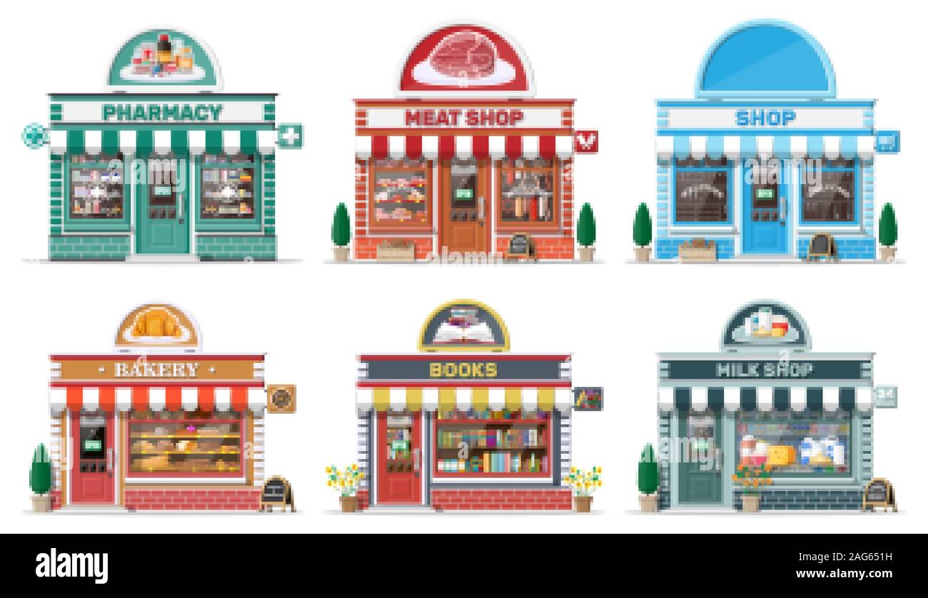 Set of detailed city shop buildings. Bakery, book, milk, meat, pharmacy, grocery store. Small european style shop exterior. Commercial, property, market or supermarket. Flat vector illustration Stock Vector