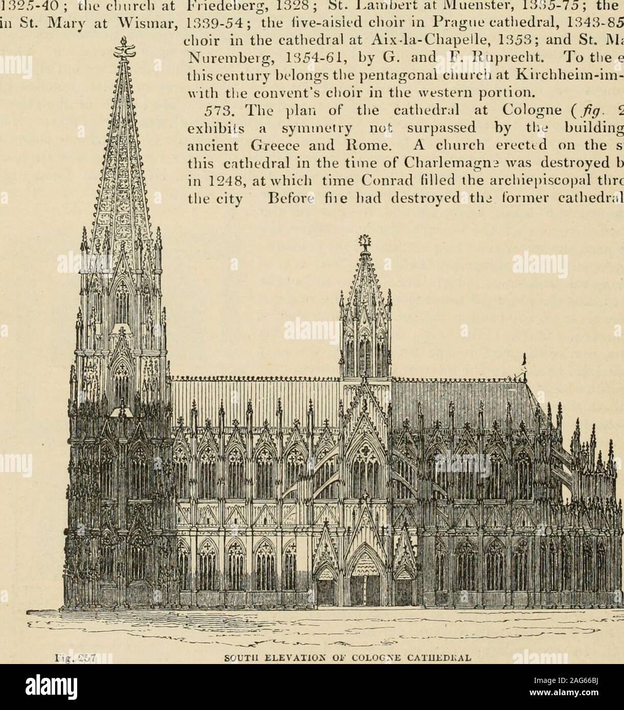 . An encyclopaedia of architecture, historical, theoretical, & practical. New ed., rev., portions rewritten, and with additions by Wyatt Papworth. PLAN OF COL)(;NU CATI.EDKAL. urch atWisniar, Friedeherg, 1328; St. Lambert at Muenster, 1335-75; the choir1339-54; the live-aisied choir in Prague catliedral, 1343-85; thechoir in the catliedral at Aix-la-Cliapelle, 1353; and St. Mary atNuremberg, 1354-61, by G. and F. Iluprecht. To the end ofthis century bilongs the jientagonal church at Kirchheim-im-Ries,with tlie convents choir in the western poriion. 573. The plan of the cathedral at Cologne (fi Stock Photo