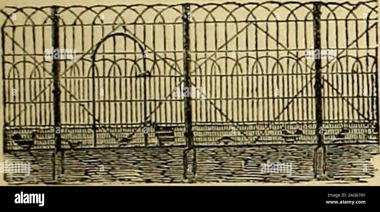 . The Gardeners' chronicle : a weekly illustrated journal of horticulture and allied subjects. G.iUaniscd after Manufactured, with Iron Standards, PaintedBlack, -WD SP.LED 2 FHET APART, rendering it the strongestand best Fence in the Market. This ornamental Fencing is easily fixed or removed by anylabourer, without extra cost. PRICES :— 6 feet high, 63. per yard; 7 feet higb, 7s. per yard. Including the Iron Standards and the Bolts and Nuts forbecuring the Panels to the Standards. Doors are charged 3^,extra, except when 12 yards are ordered, in which case a dooris included. Five per cent, dis Stock Photo