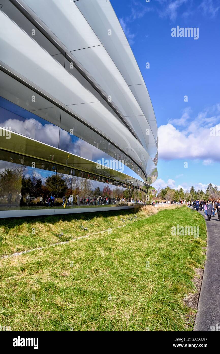 Cupertino CA USA December 14, 2019: Closeup of Apple headquarters offices building exterior. Stock Photo