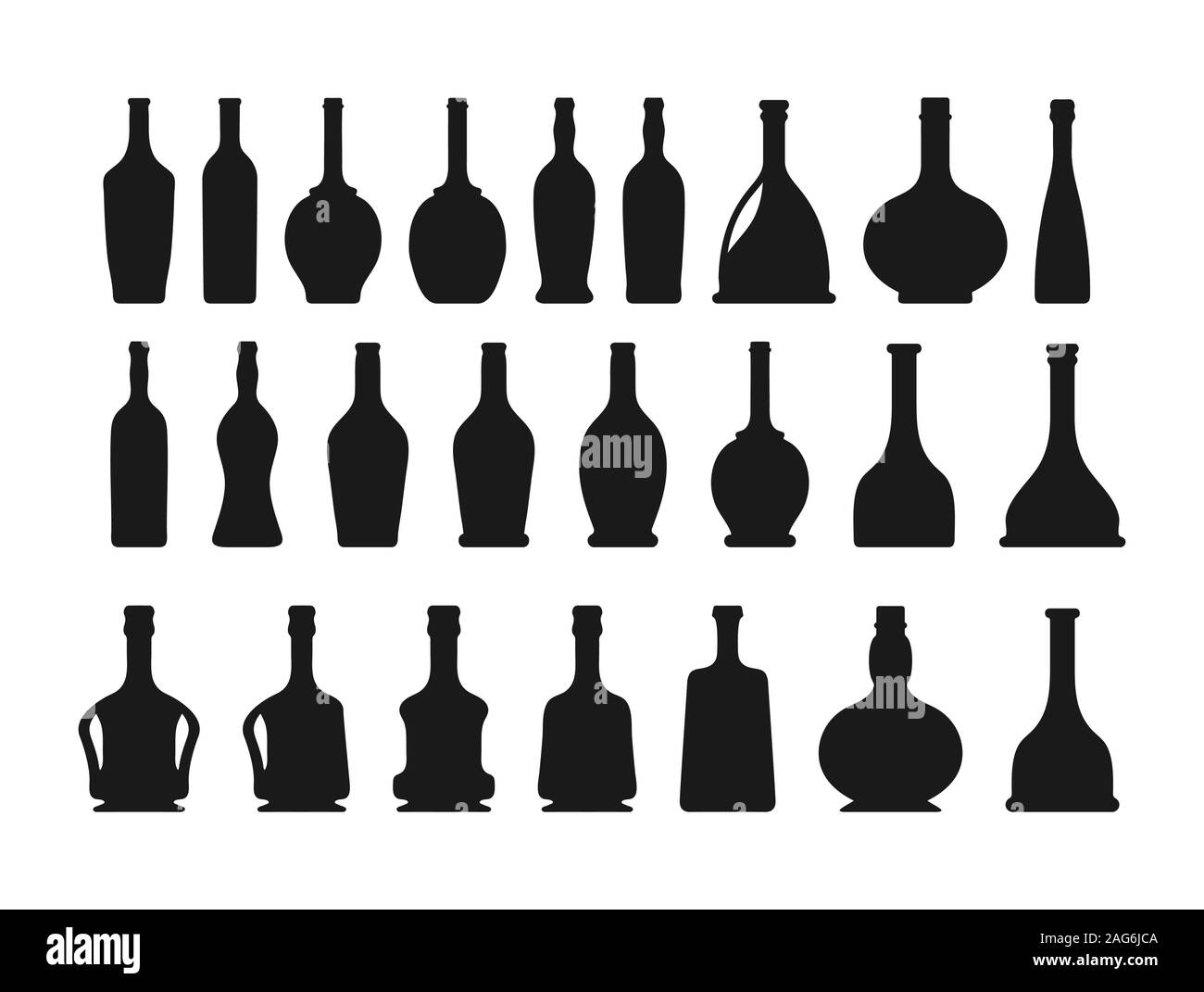 Set of silhouettes of bottles for alcoholic beverages. Isolated on white background in flat design style. Stock Vector