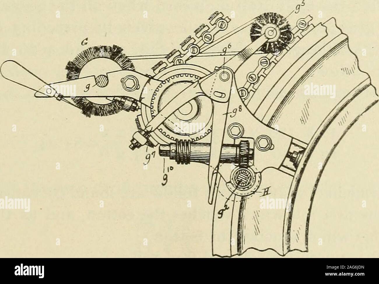 . The principles and processes of cotton yarn manufacture. Fig. 58. gear increases the number of yards produced in a given length of time,without affecting the draft. In Figs. 58 and 59 the driving mechanism for the fiats is shown.. Fig. 59. A pulley shown on the shaft ^- is connected with a small pulley on thecylinder by a belt. Integral with this pulley is a worm which drives theworm wheel shown, on the shaft with which is the worm seen in the 78 COTTON YARN MANUFACTURE drawing. This in turn drives the larger worm wheel ^&lt;^. On the shaftwith this are two sprocket wheels, one on each side Stock Photo